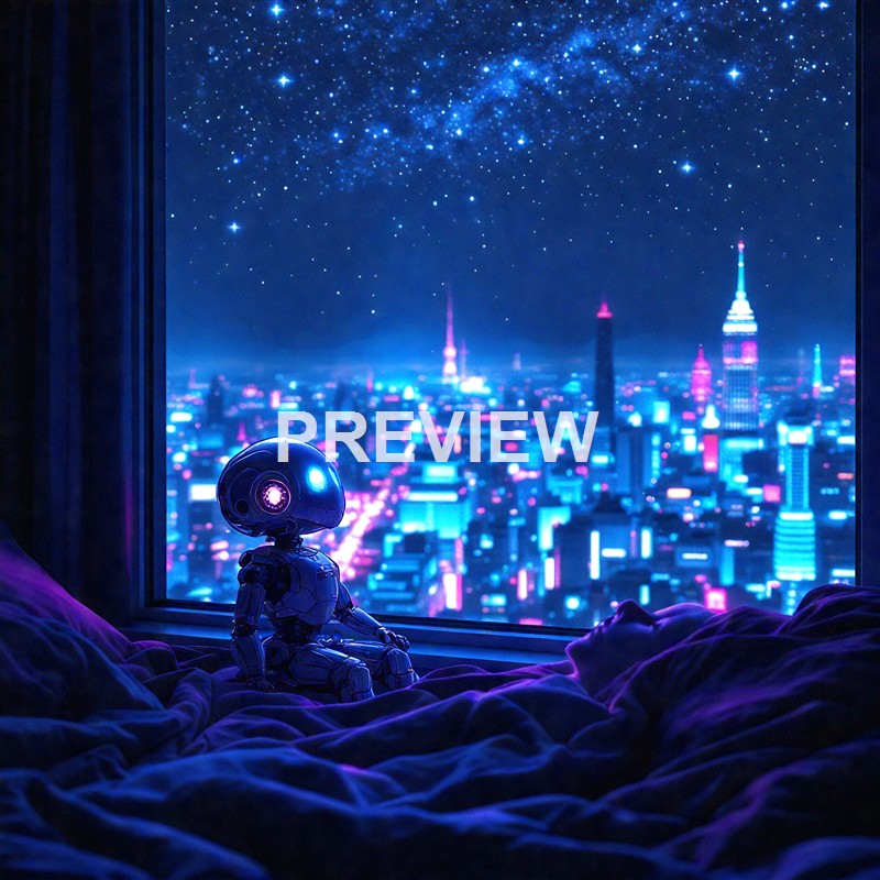 A small robot sitting on a bed by a large window, gazing at a vibrant, neon-lit cityscape with tall skyscrapers and a starry night sky.